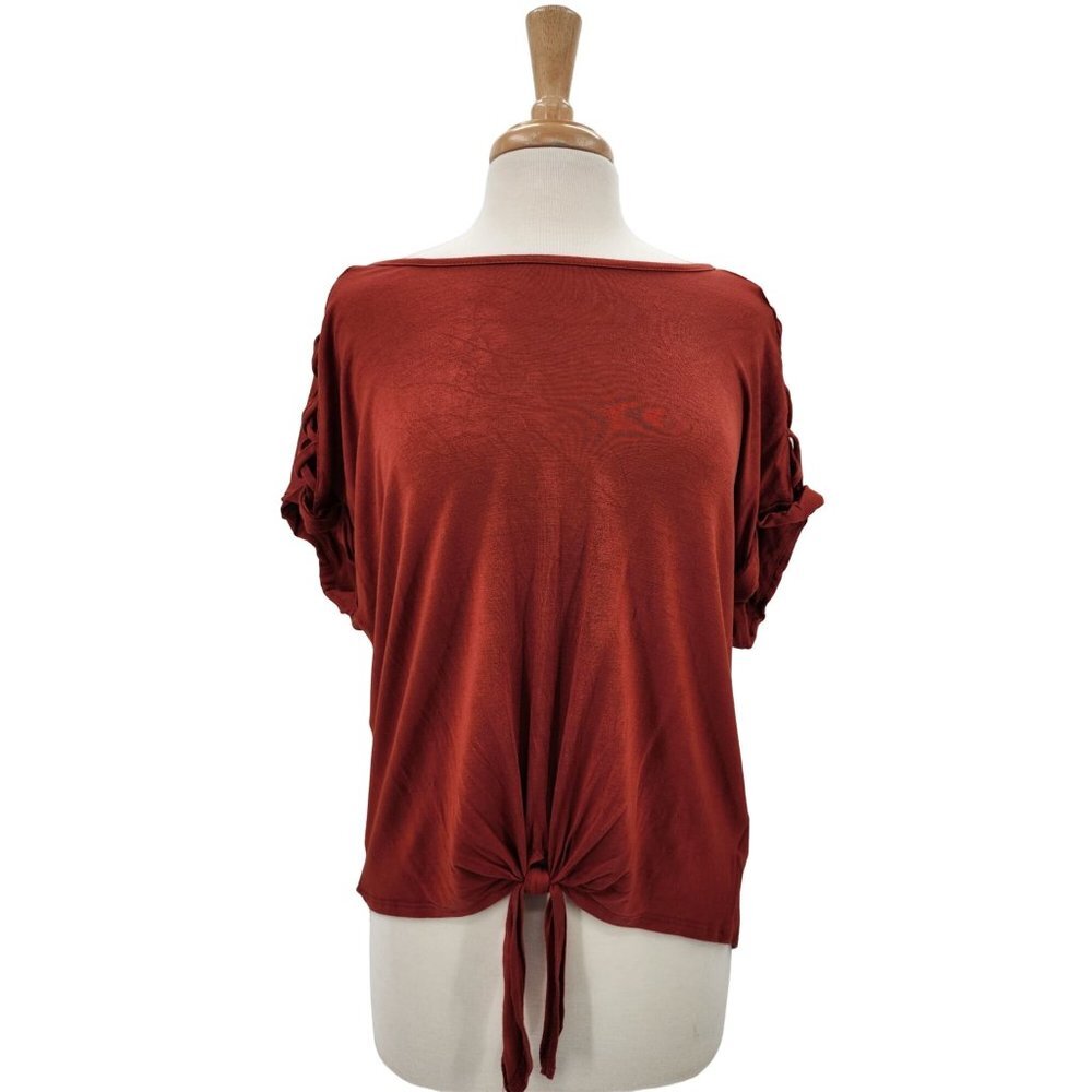 No Boundaries Womens Burnt Orange Tie Front Lattice Shoulder Blouse Top Size 2XL